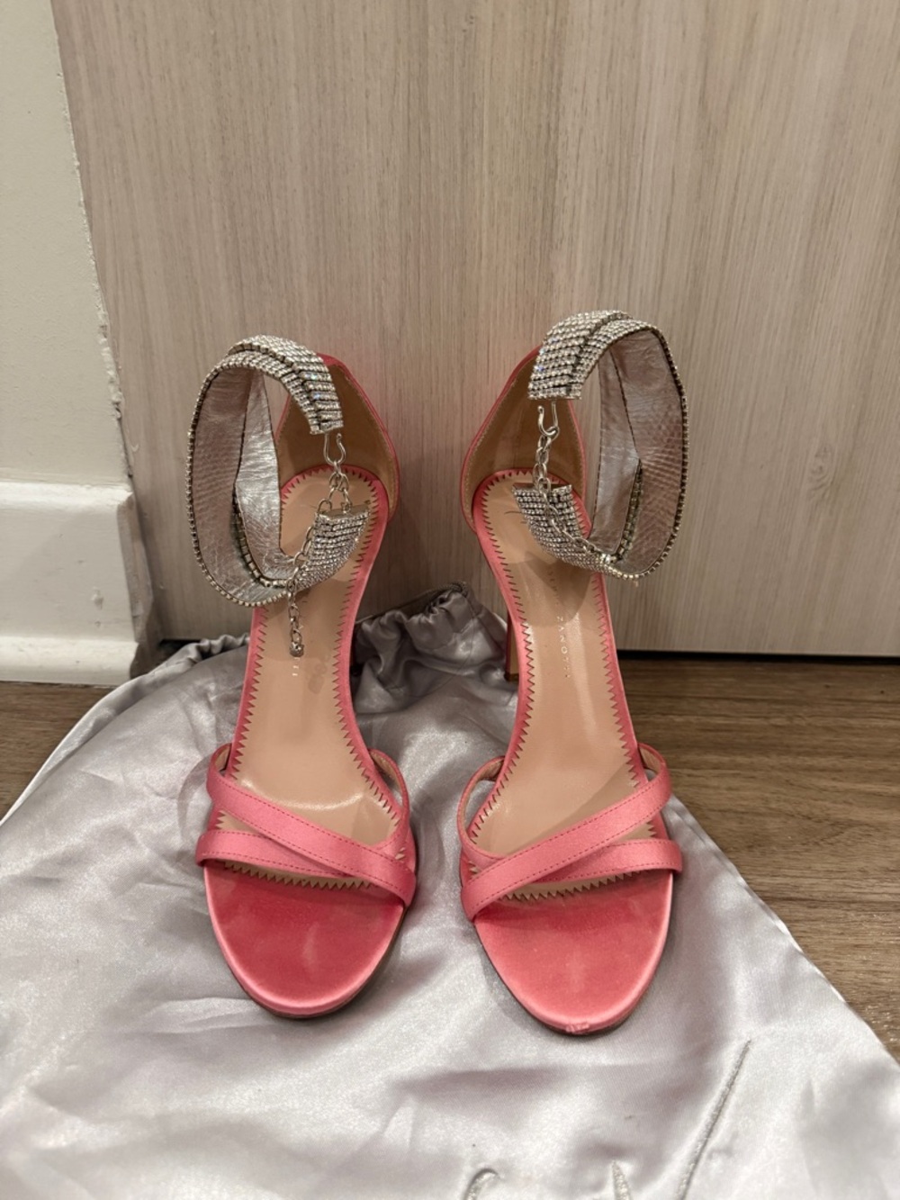 Pink Satin Ankle-Strap Heels with Crystal Anklet- Giuseppe
